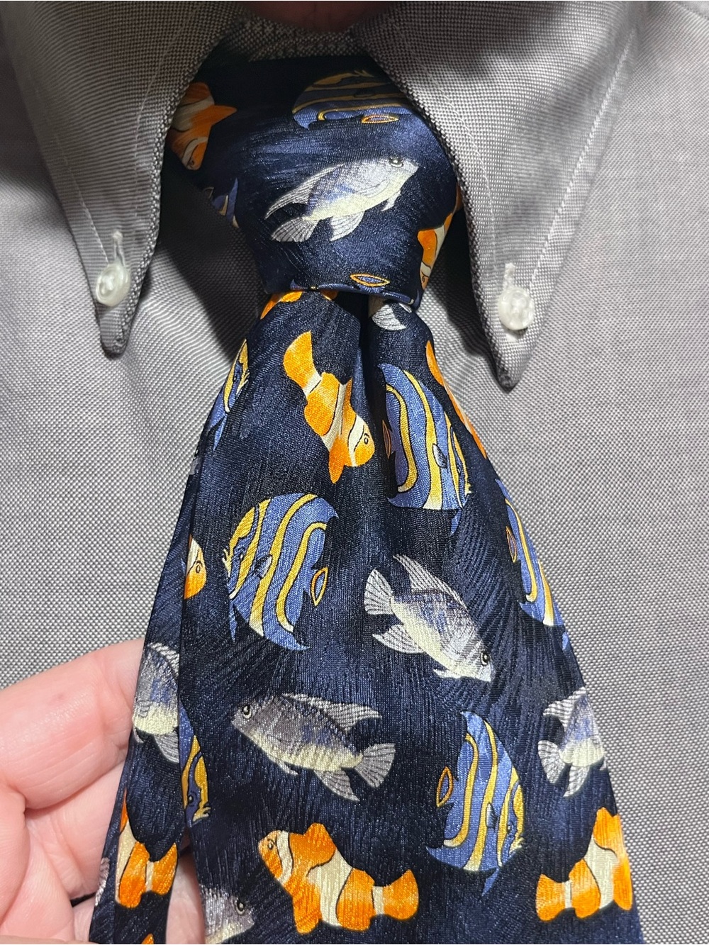 Navy Silk Fish Pattern Tie with Blue & Orange Accents